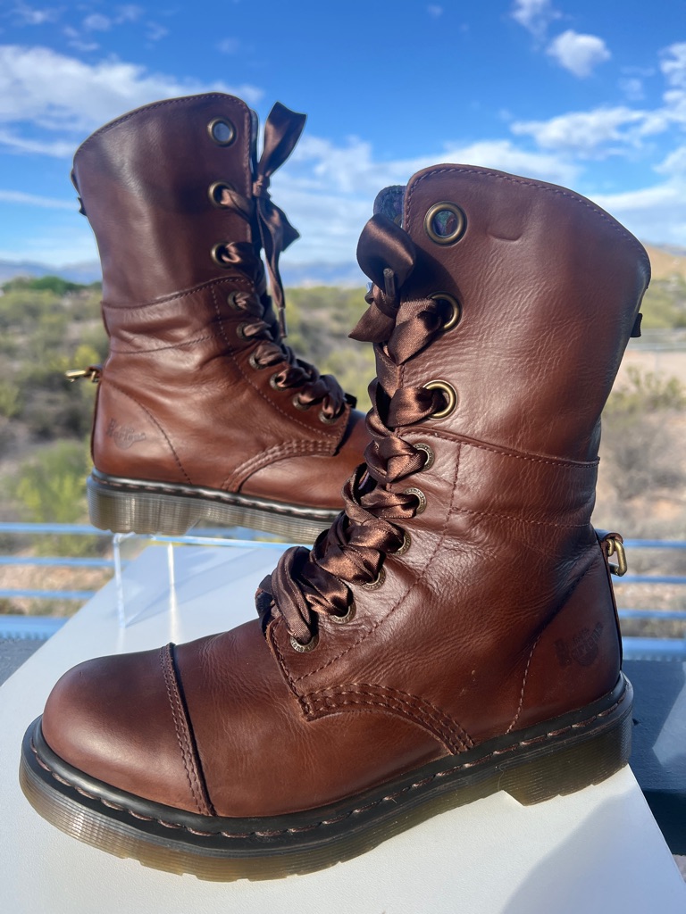 Dr. Martens Brown And Blue Floral Tall Leather Lace Up Mid Calf Aimilie Boots